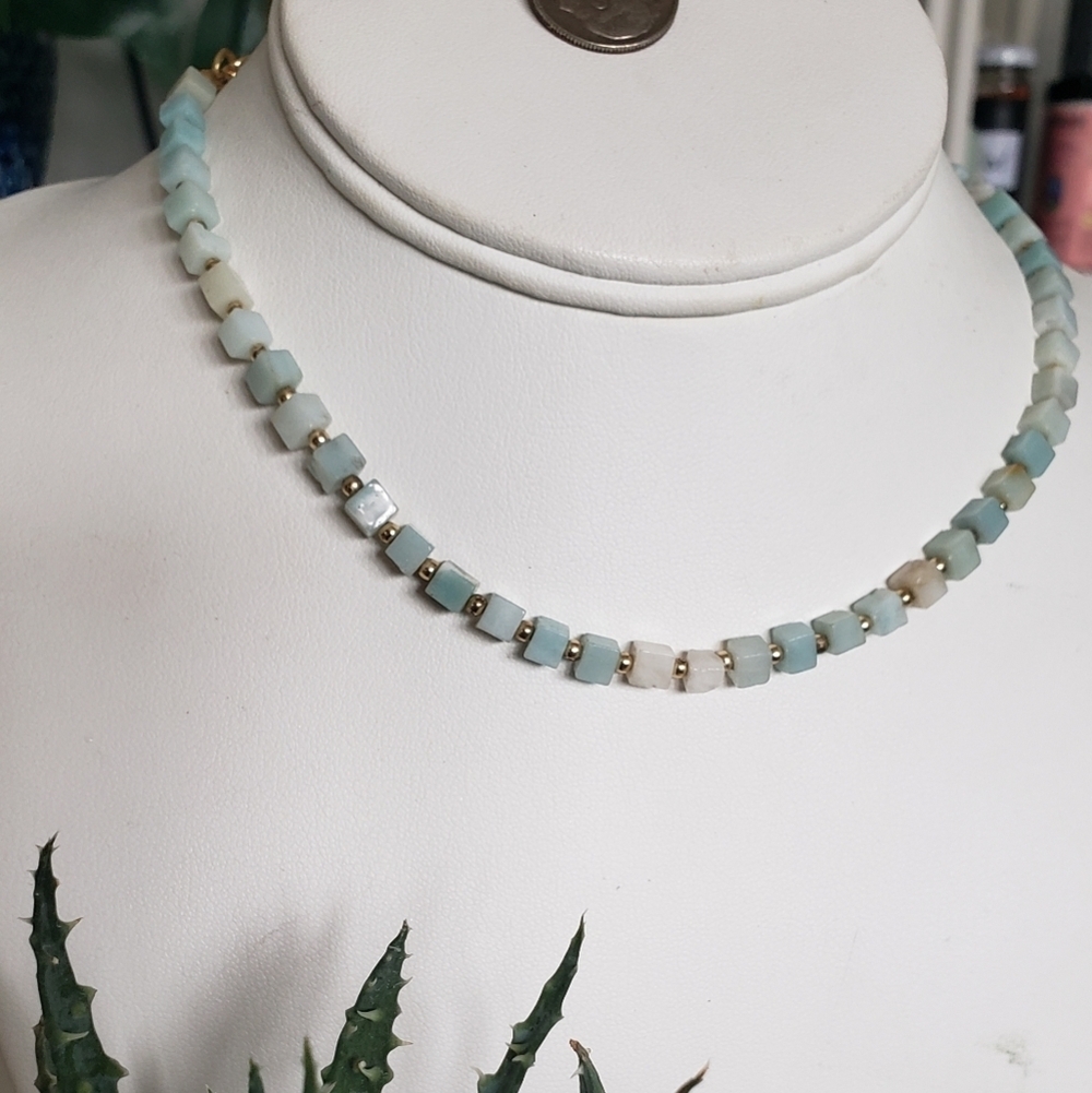 Aqua and White Beaded Necklace - Picture 2 of 7